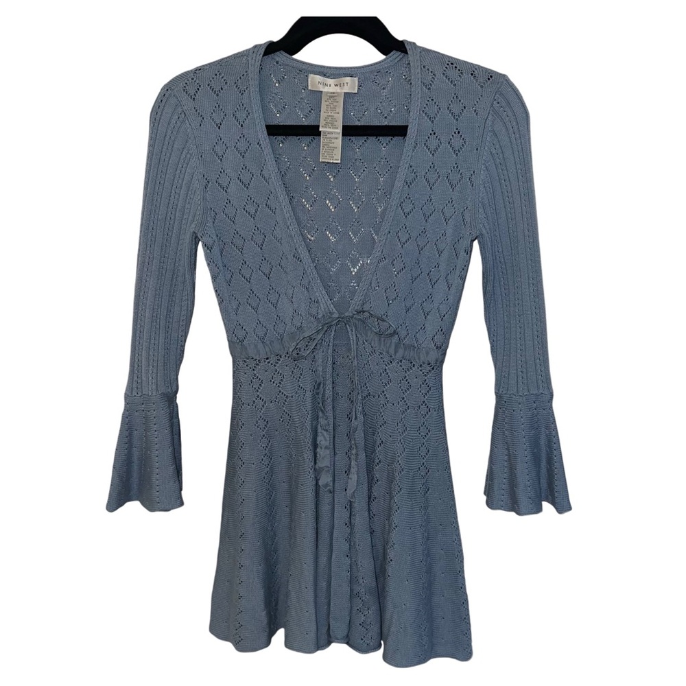 Blue Knit Babydoll Tie Front Silk Blend Sweater 90’s Y2K Vibes Womens Size XS